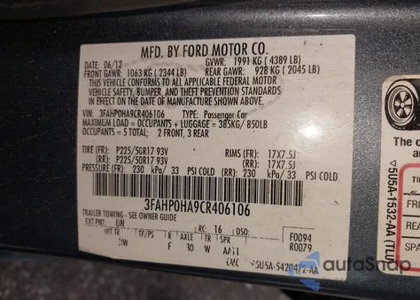2012 Ford Fusion Se z USA, uszkodzony, nr VIN 3FAHP0HA9CR406106